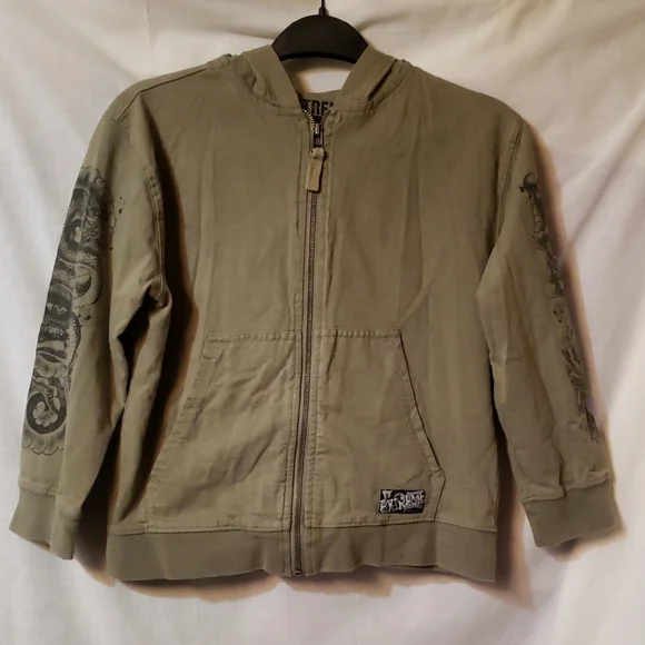 Kids Olive Hoodie with Graphic Sleeves - Picture 1 of 12